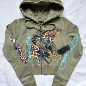 Ed Hardy NWT Butterflies Y2K zip up crop jacket sz M